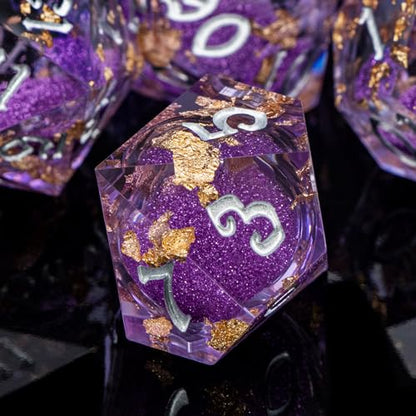 ARUOHHA Liquid Core DND Dice Set, 7pcs Resin Sharp Edged Dragons Dice RPG Role Playing Games, Silver Numbers Purple Dungeons Polyhedral Dice with Gift Box D20 D12 D10 D8 D6 D4 - color: Silver Purple