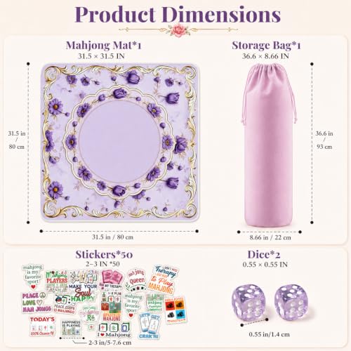 Purple Mahjong Mat for Table & 50PCS Stickers| Carrying Bag, Heavy Floral Mahjong Mats&2 Dices, Noise Reduction Non Slip Foldable, 31.5x31.5 Game Table Cover, for Playing Card, Board Tile Games - color: Purple