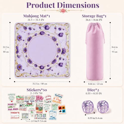 Purple Mahjong Mat for Table & 50PCS Stickers| Carrying Bag, Heavy Floral Mahjong Mats&2 Dices, Noise Reduction Non Slip Foldable, 31.5x31.5 Game Table Cover, for Playing Card, Board Tile Games - color: Purple