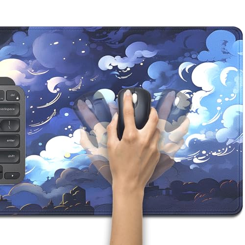 Blue Clouds Mouse Pad,Extended Stars Sky Dark Blue Clouds Mousepad Desk Pad with Stitched Edges,Non-Slip Waterproof Rubber Base Mouse Mat for Office Computer Keyboard Laptop Home 27.5x11.8 in - color: Blue Clouds