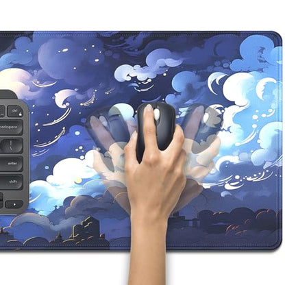 Blue Clouds Mouse Pad,Extended Stars Sky Dark Blue Clouds Mousepad Desk Pad with Stitched Edges,Non-Slip Waterproof Rubber Base Mouse Mat for Office Computer Keyboard Laptop Home 27.5x11.8 in - color: Blue Clouds