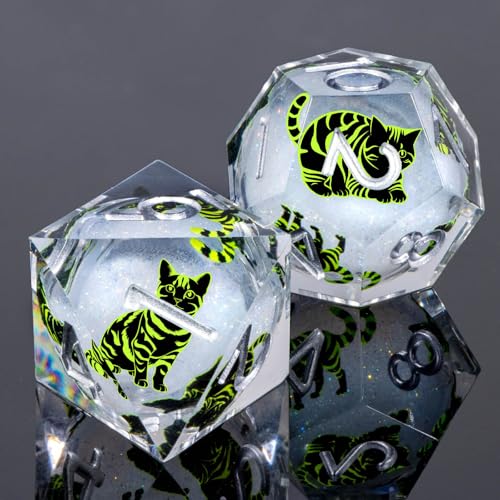 KERWELLSI Cat Liquid Core DND Dice Set with Gift Box, 7Pcs Resin Dungeons Sharp Edge D&D Dice, Dragons D and D Role Playing Dice D20 D12 D10 D8 D6 D4, White and Green Cat - color: White and Green Cat