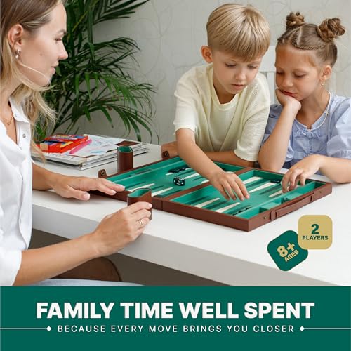 Backgammon Sets for Adults 15 Inch – Premium Faux Suede Leather Backgammon Board Game Set with 32 Chips, Dice Cups & Doubling Cube – Portable Travel Backgammon Set