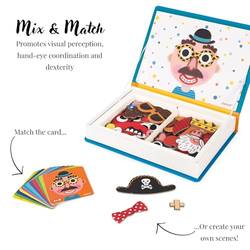 Janod - Magnetibook 83 Pc Magnetic Boy Crazy Face Dress Up Game - Decorating Fridge with Magnetic Letters - Enhances Creativity and Learning - Boosts Self-Confidence - Portable and Easy Storage | Enhances Creativity and Learning - Boosts Self-Confidence -