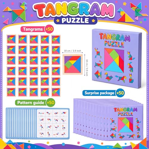 Dunzoom 50 Pack Wooden Tangram Puzzle for Kids, Bulk Party Favors and Classroom Rewards, Stem Learning Jigsaw Games, Educational Brain Teaser Toys, Goodie Stuffers for Ages 4-8 (Pastel Pink Purple) - color: Pastel Pink Purple