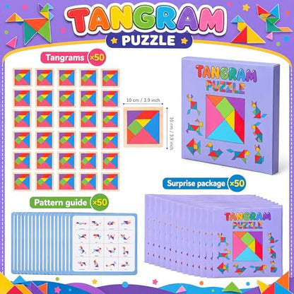 Dunzoom 50 Pack Wooden Tangram Puzzle for Kids, Bulk Party Favors and Classroom Rewards, Stem Learning Jigsaw Games, Educational Brain Teaser Toys, Goodie Stuffers for Ages 4-8 (Pastel Pink Purple) - color: Pastel Pink Purple