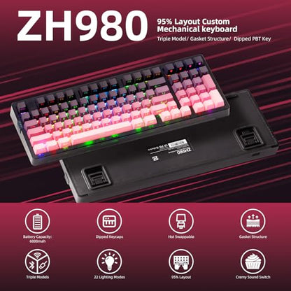 ZORNHER ZH980 Mechanical Keyboard Wireless,95% Pink Creamy Keyboard with Number Pad,Gaming Keyboard with Number Pad,Lighted Up PBT Keycaps,Loud Keyboard Clicky Blue Switches,Full Size - color: Blackberry, size: Clicky Switch