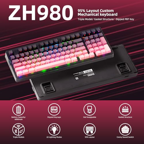 ZORNHER ZH980 Mechanical Keyboard Wireless,95% Pink Creamy Keyboard with Number Pad,Gaming Keyboard with Number Pad,Lighted Up PBT Keycaps,Creamy Sounding Linear Switches,Full Size - color: Blackberry, size: Creamy Switch