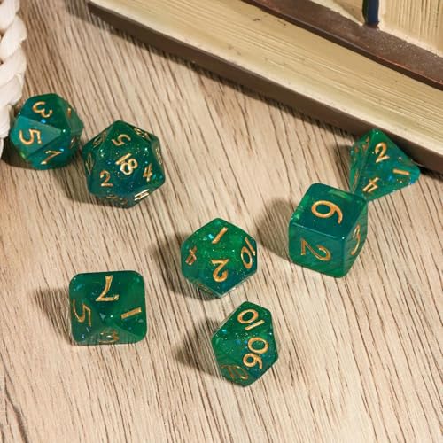 Green DND Dice Set Glitter Polyhedral Dice for D&D Tabletop Games | Leather Storage Bag, DM Gift, for Dungeons and Dragons Role Playing Games - color: Glitter-green