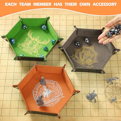 Grajar 6 Pcs DND Dice Tray with Characters Pattern for RPG D&D Table Games - Folding PU Leather and Velvet Rolling Holder Storage Box - color: Character Series 1