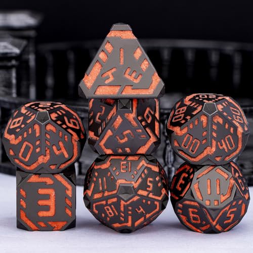 Metal DND Sci-fi Dice Set 7PCS Luminous Orange Stripe Polyhedral Dice for Dungeons Dragons RPG Role Playing Game, Glitter D and D Dice with Gift Box D6 D8 D10 D12 D20 - color: Nightlight - Orange