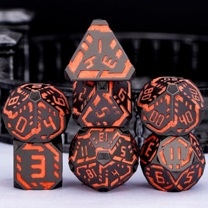 Metal DND Sci-fi Dice Set 7PCS Luminous Orange Stripe Polyhedral Dice for Dungeons Dragons RPG Role Playing Game, Glitter D and D Dice with Gift Box D6 D8 D10 D12 D20 - color: Nightlight - Orange