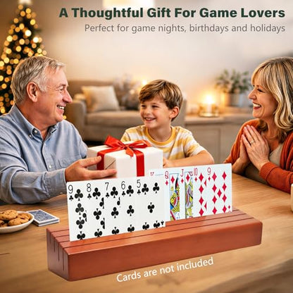 Wooden Playing Card Holders for Seniors, 4 Pack Card Holder Trays for Playing Cards, 10" Hands-Free Card Holders with 4 Slots for Adults, Kids, Arthritis Hands, Bridge, Poker, Canasta, Game Night
