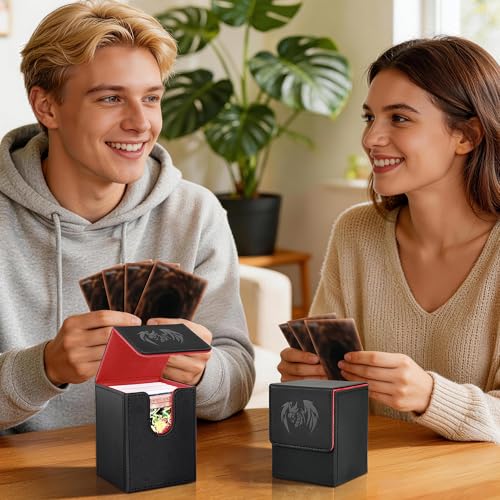 UAONO Card Deck Box for Yugioh MTG, 100+ Deck Case with 2 Dividers, PU Leather Storage Box, Compatible with Collectible Trading Cards (Black & Red, Sky Dragon) - color: A-Black&Red