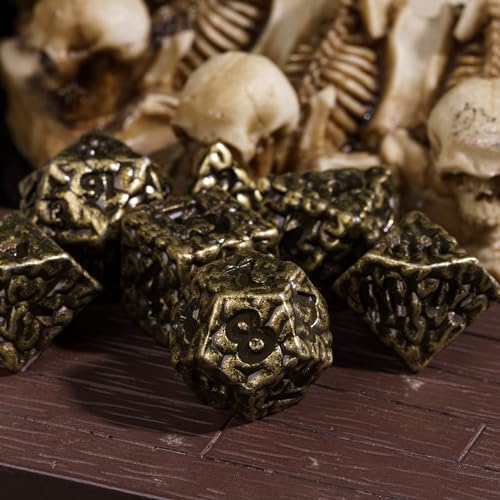 Cusdie 7 PCs Metal DND Dice Set, Brain Design Metal Dice, D&D Polyhedral Dice Set with Skull Dice Bag, for Role Playing Game D&D Dice (Bronze) - color: Brain Bronze