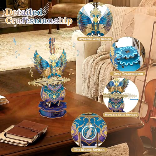 3D Wooden Puzzles for Adults, Mechanical Cello Music Box Kit with Base, DIY Wooden Model Kits to Build, Birthday Valentine's Day Gifts for Women Men, Music Box Puzzle Lover - color: Blue Feather Cello