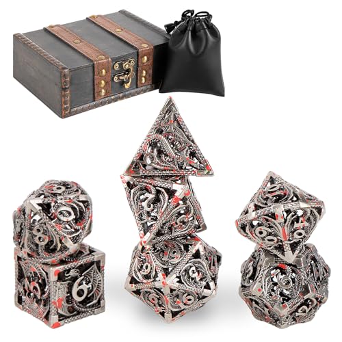 7PCS DND Dice Set, Premium Hollow Metal Polyhedral Dice with Treasure Chest & Dice Bag, Gift for Men & Women, Dungeons and Dragons, TTRPG RPG Tabletop Games (Antique Silver Red Speckles) - color: Antiquesilver-redspeckles