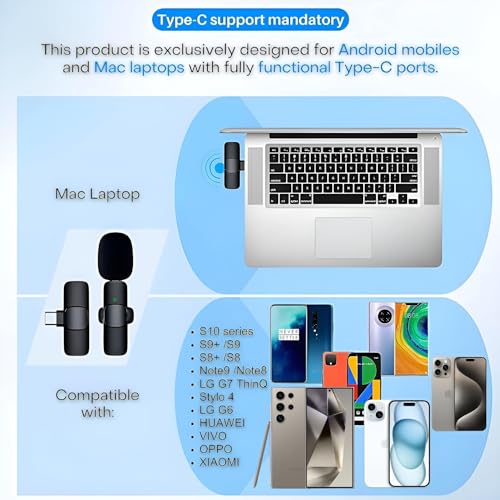 Wireless Microphone for iPhone 15 USB-C Compatible with Samsung s24 & iPhone 15 Series - Wireless Lavalier Microphone for Android - USB C Microphone for Video Recording and Tiktok (2 in 1)