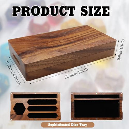 2 Pcs Walnut Dice Box 4.8 x 9 x 1.6 inch Secures Lid Portable Tray Handmade Rolling Dice Tray with Storage, Magnetic Lock and Phone Stand for Tabletop RPG and Board Games