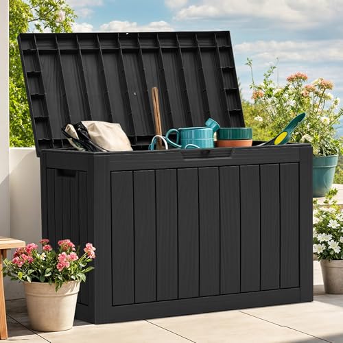 YITAHOME Outdoor Storage Box | 45 Gallon Waterproof Resin Deck Box, Lockable Organizer for Patio, Poolside, Deck, Cushions, Throw Pillows, Garden Tools - color: Black, size: 45 Gallon, style: Deck Box