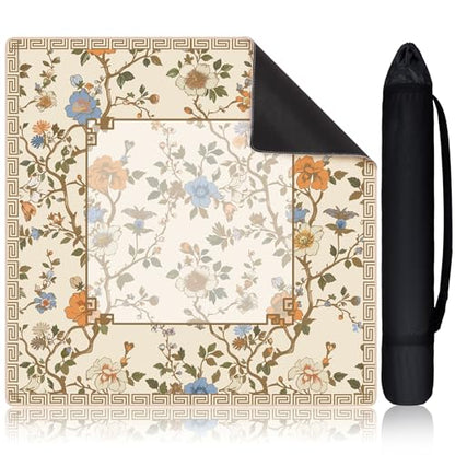 Chinoiserie Mahjong Mat with 1 Carrying Bag 31.5" x 31.5" Beige and White Rubber Anti Slip and Noise Reduction Multi Purpose Game Table Cover for Card, Board Tile Games - color: Beige