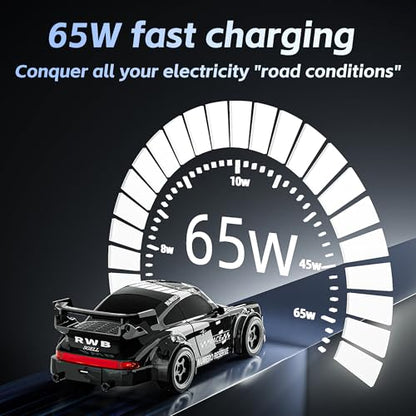 65W Fast Charging Desktop Charger, 3-Port USB-C & USB-A GaN Power Station, Racing Car Design with Intelligent Power Allocation, Compatible with iPhone, Android, iPad, Laptop & Earbuds (Black) - color: Black