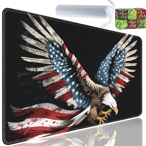 Playmat for MTG, 24x14 Inches Playmats, for TCG and CCG Trading Card Game Mat, Non-Slip Rubber for MTG Playmats with A Storage Bag and 6 Dice Set, Eagle American Flag Pattern Black - color: Yu-Playmat-1-D116