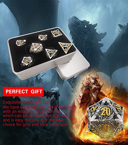 Metal DND Dice Set Dungeons and Dragon Dice Set Hollow Dragon Polyhedral Magic 7 PCS Dice Set with Gift Metal Box for Dungeons and Dragons Table Games Play Cards MTG(Dragon_Ancient Silver and Gold) - color: Dragon_ancient Silver and Gold