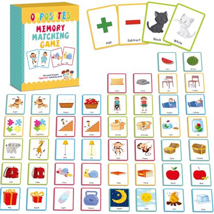 gisgfim 100 PCS Opposites Memory Matching Game Sight Words Concentration Memory Card Educational Game for Kids Preschool Learning Educational Ages 3-8 A Fun & Fast Gift Activities Matching Games - style: Opposites