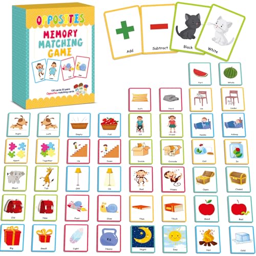 gisgfim 100 PCS Opposites Memory Matching Game Sight Words Concentration Memory Card Educational Game for Kids Preschool Learning Educational Ages 3-8 A Fun & Fast Gift Activities Matching Games - style: Opposites