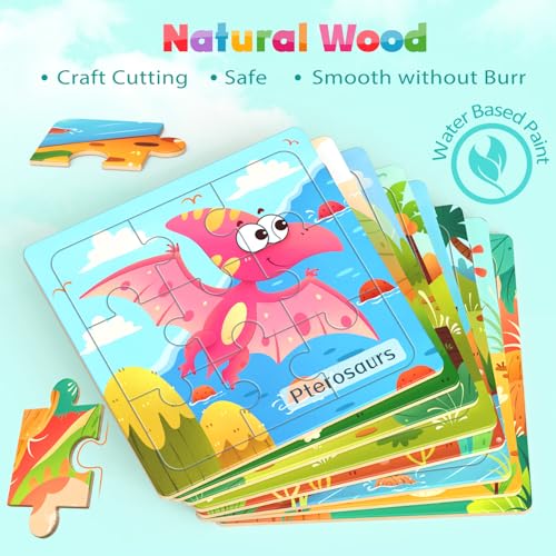 Zeoddler Wooden Puzzles for Toddlers, 8 Pack Dinosaur Jigsaw Puzzles for Kids3-5, 9 Pieces Preschool Learning Activities, Learning & Educational Puzzles, Gift for Boys, Girls - style: Dinosaur