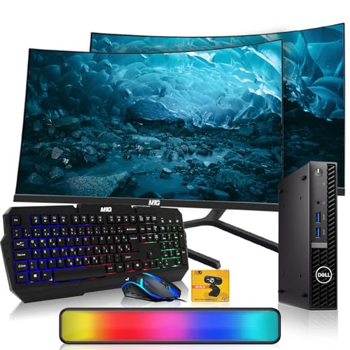 Dell Optiplex Tiny Mini Desktop PC, Intel Core i5, 32GB RAM, 1TB SSD Dual with 24 inch Curved Monitor, AI Enabled RGB Keyboard Mouse, RGB Soundbar and Webcam Windows 11 Pro (Renewed)