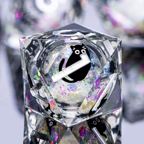 DND Cat Dice Set Colorful White Sharp Edge Dice with Box, RPG D and D Dice Dungeons Dragons Role Playing Game Polyhedral Resin Dice Set D20 D12 D10 D8 D6 D4 - color: Colorful White Silver