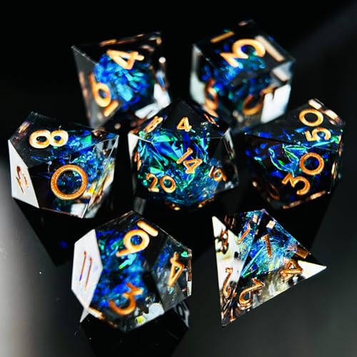 HAOMEJA 7pcs Sharp Edge Resin Dice Set, Handmade Polyhedral Dice with Glitter & Galaxy Effect Apply to DND, D&D, RPG, MTG Games, Role Playing Game, Easter, Halloween Party Gift (Black & Gold Word) - color: T Black & Gold Word