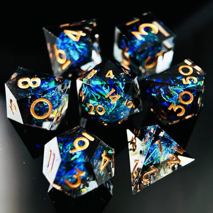 HAOMEJA 7pcs Sharp Edge Resin Dice Set, Handmade Polyhedral Dice with Glitter & Galaxy Effect Apply to DND, D&D, RPG, MTG Games, Role Playing Game, Easter, Halloween Party Gift (Black & Gold Word) - color: T Black & Gold Word