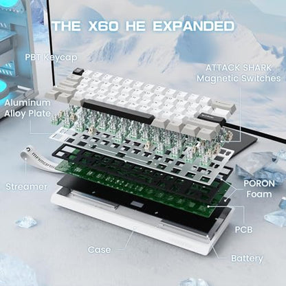 ATTACK SHARK MAMBASNAKE X60HE Wireless 8K Mechanical Keyboard-White+8Keycap | Tri Mode-2.4Ghz/BT/Wired,Hall Effect Magnetic Switch,RGB Backlight,0.01mm RT Accuracy,4000 mAh battery,Web Driver for PC Mac - color: Star White, size: Keyboard with 8 Keycaps