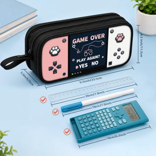 Game Controller Pencil Case for Boys Kids Teens, Large Capacity Pencil Pouch with 3 Compartments, 7 Pockets and Label Pocket for School College Office Travel (Pink & White) - color: Pink&White
