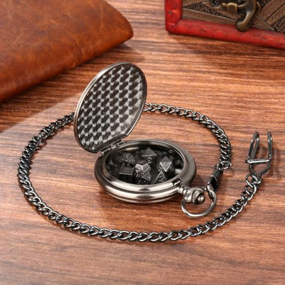 Mini DND Dice Set with Retro Five Dragon Heads Pocket Watch Shell Case, DND Starter Set, 7pcs Polyhedral Mini Metal Dice Set, D&D Gifts with Gift Box, Role Playing Board Game Accessories, Silver - color: Dark Silver