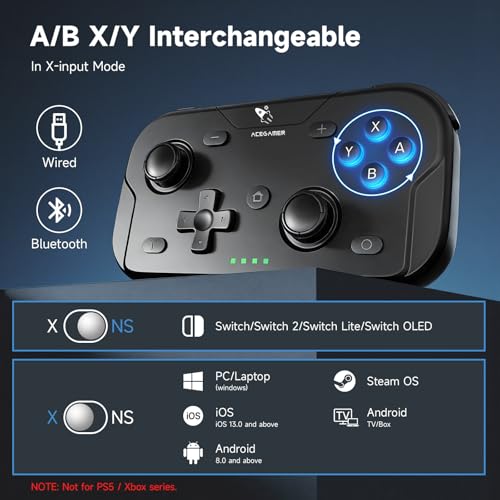 AceGamer 2 Pack Wireless Pocket Controller for Nintendo Switch/Switch 2/Android/iOS/PC/Steamdeck, Joystick Lift and Down Design, Bluetooth Gamepad with 6-axis Gyroscope/Turbo/Vibration/ 1000Hz - color: Black