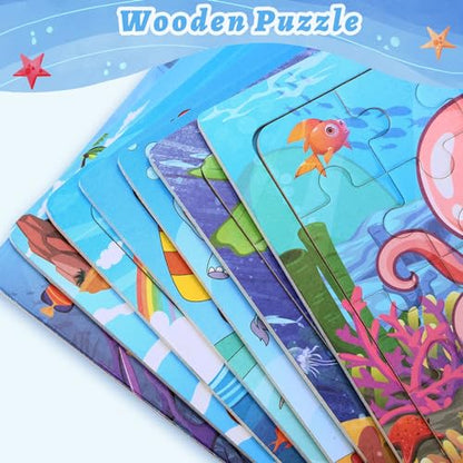 SANNIX 12 Pack Wooden Jigsaw Puzzles with 12 Organize Bags | Ocean and Space Toddlers Puzzles for Kids Ages 3 4 5, Party Favors Educational Learning Travel Toys for Boys Girls - style: Ocean + Space