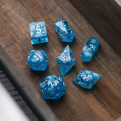 Christmas Blue Snowflake Resin DND Dice Set | 7 Pcs Polyhedral RPG Dice Set with Box | Hand Carved Resin RPG Dice for Dungeons & Dragons, Pathfinder, Tabletop Games