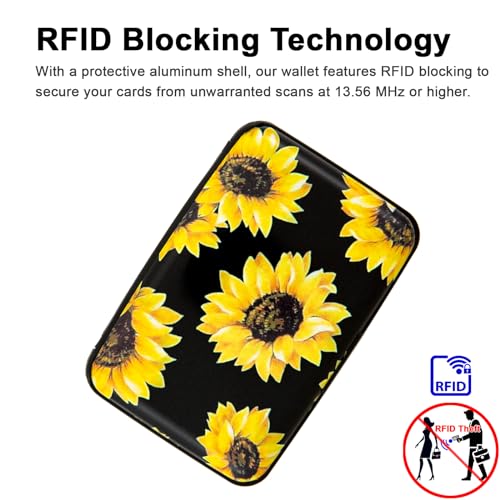 Credit Card Holder, Metal Card Wallet RFID Blocking Mini Slim Aluminum Business Hard Card Case for Women Men (Black Background Sunflowers) - color: Black Background Sunflowers