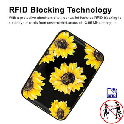 Credit Card Holder, Metal Card Wallet RFID Blocking Mini Slim Aluminum Business Hard Card Case for Women Men (Black Background Sunflowers) - color: Black Background Sunflowers
