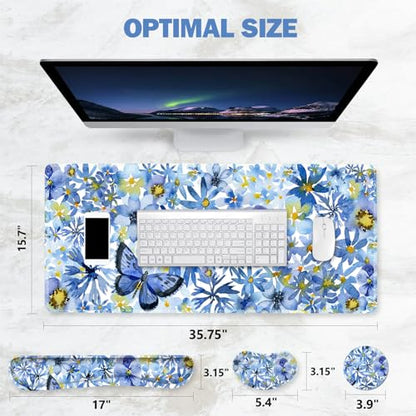 ToLuLu Gaming Mouse Pad, Ergonomic Keyboard Mouse Wrist Rest Support Set | Large Extended Desk Mat with Stitched Edges, Non-Slip Base Memory Foam Mousepad for Home Office Game Study, Butterfly Flower - color: Butterfly Flower