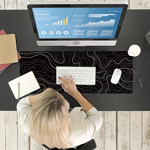 Ovenbird Large Gaming Mouse Pad with Stitched Edges, Topographic Map Topo Mousepad Gaming, Extended XL Large Mousepad with Anti-Slip Base, Cool Mouse Pads for Desk, 31.5 x 11.8 in, Black - color: Black Topo, size: Extended