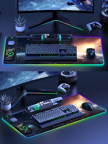 TopMade RGB Gaming Mouse Pad with 15W Wireless Charging, 31.5” x 15.8” XXL Large Desk Mat Home Office Keyboard Pad for Desk, Waterproof Mousepad with Smooth Surface, Non-Slip Base, Cosmic Planet - color: Cosmic Planet