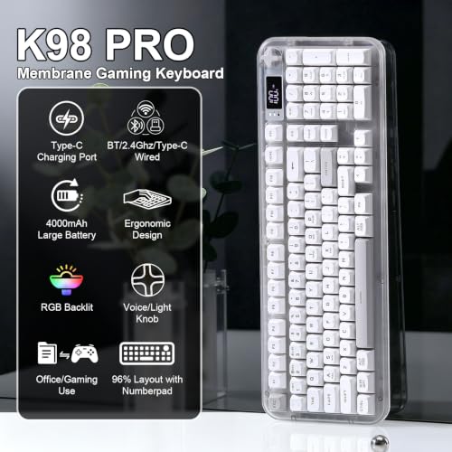 K98 Pro Wireless Keyboard,Tri-Mode Silent Creamy Keyboard | Membrane Keyboard TFT Screen, Volume Knob & Number Pad, RGB Backlit Computer Mechanical Feel Keyboard for Game/Office(White) - color: White