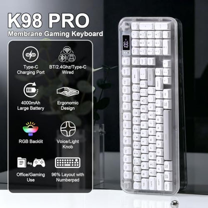 K98 Pro Wireless Keyboard,Tri-Mode Silent Creamy Keyboard | Membrane Keyboard TFT Screen, Volume Knob & Number Pad, RGB Backlit Computer Mechanical Feel Keyboard for Game/Office(White) - color: White