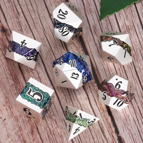 Polyhedral Metal Dice Set,7pcs Set Glitter Stripe DND Dice with Gift Box for RPG - color: Pearl Silver Seven Colors