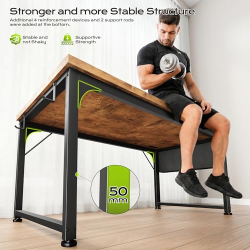 DurayLoly 47" Study Computer Desk with Thicken Frame, RGB LED&Power Outlets | 24" Widened Desktop,Detachable Stand, Hooks & Storage Bag, 110LBS Capacity, Home Office Desk, Brown - color: Brown, size: 47 Inch